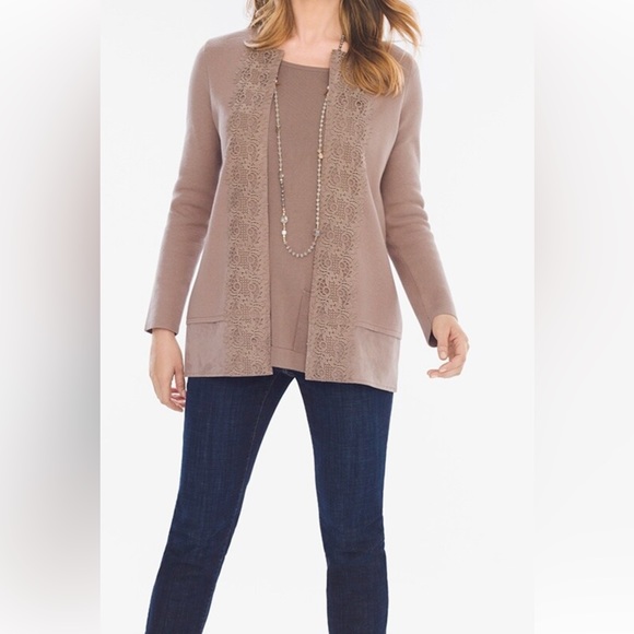 Chico’s Lace-Front Open Cardigan Taupe Sweater - Picture 2 of 13